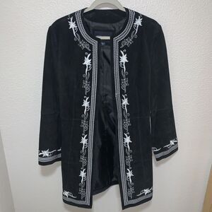 Bernardo Women’s Black Leather White Embroidered Floral Trench Jacket Size M